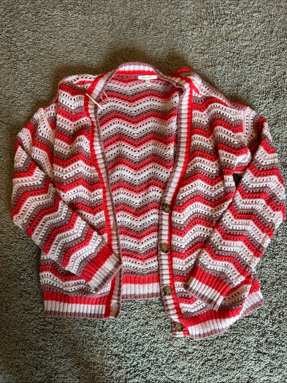 Maurices Pink & Red Chevron Crochet Cardigan